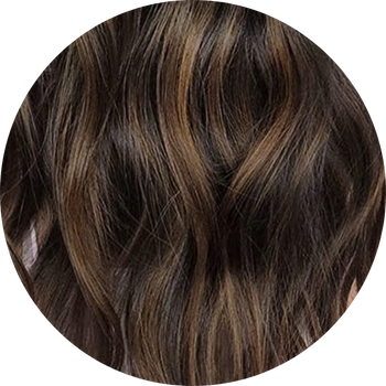 Close-up of dark brown hair with subtle highlights on a white background