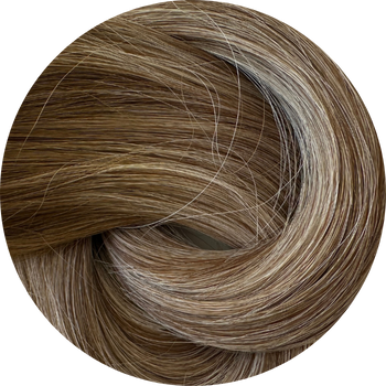 Close-up of brown hair with gray strands in a circular arrangement on a white background