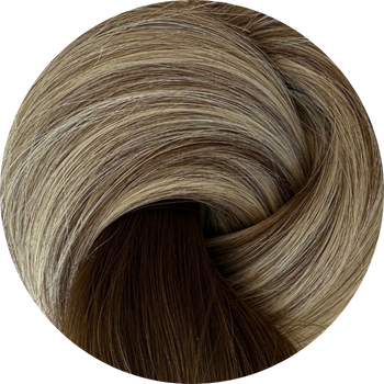 Close-up of a hair color sample with brown and blonde tones.