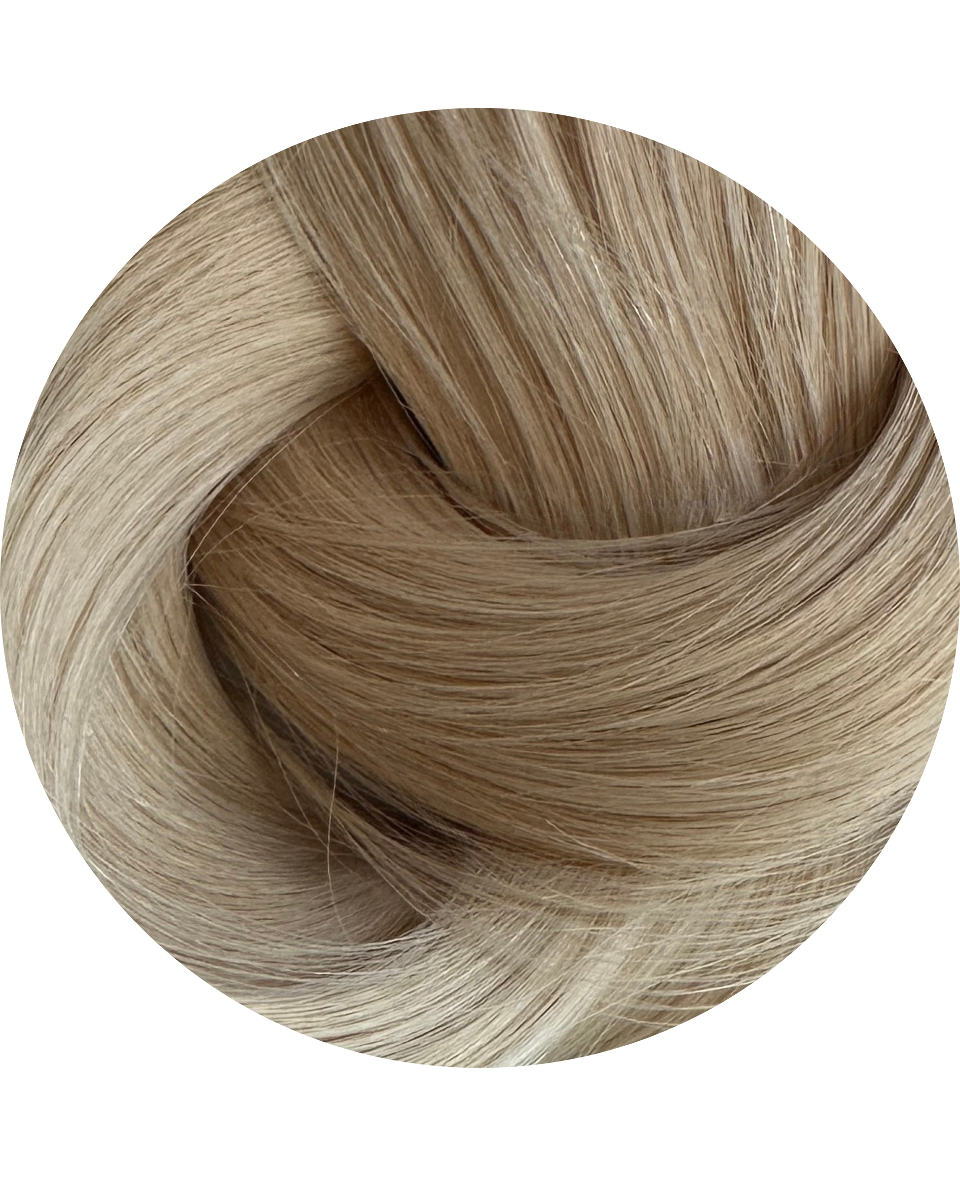 Close-up of blonde hair extension swatch on a white background