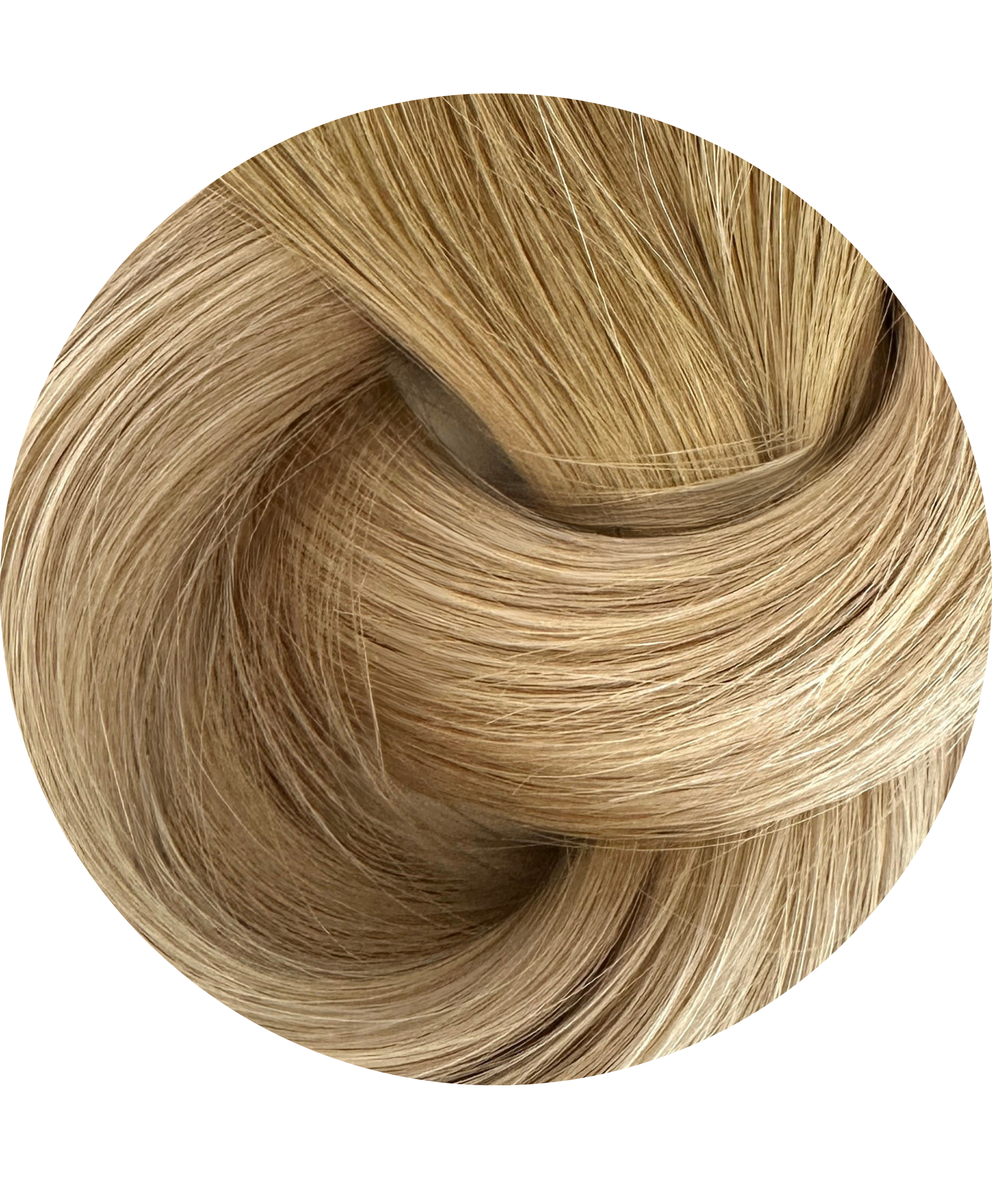 Close-up of blonde hair extension swatch with a white background