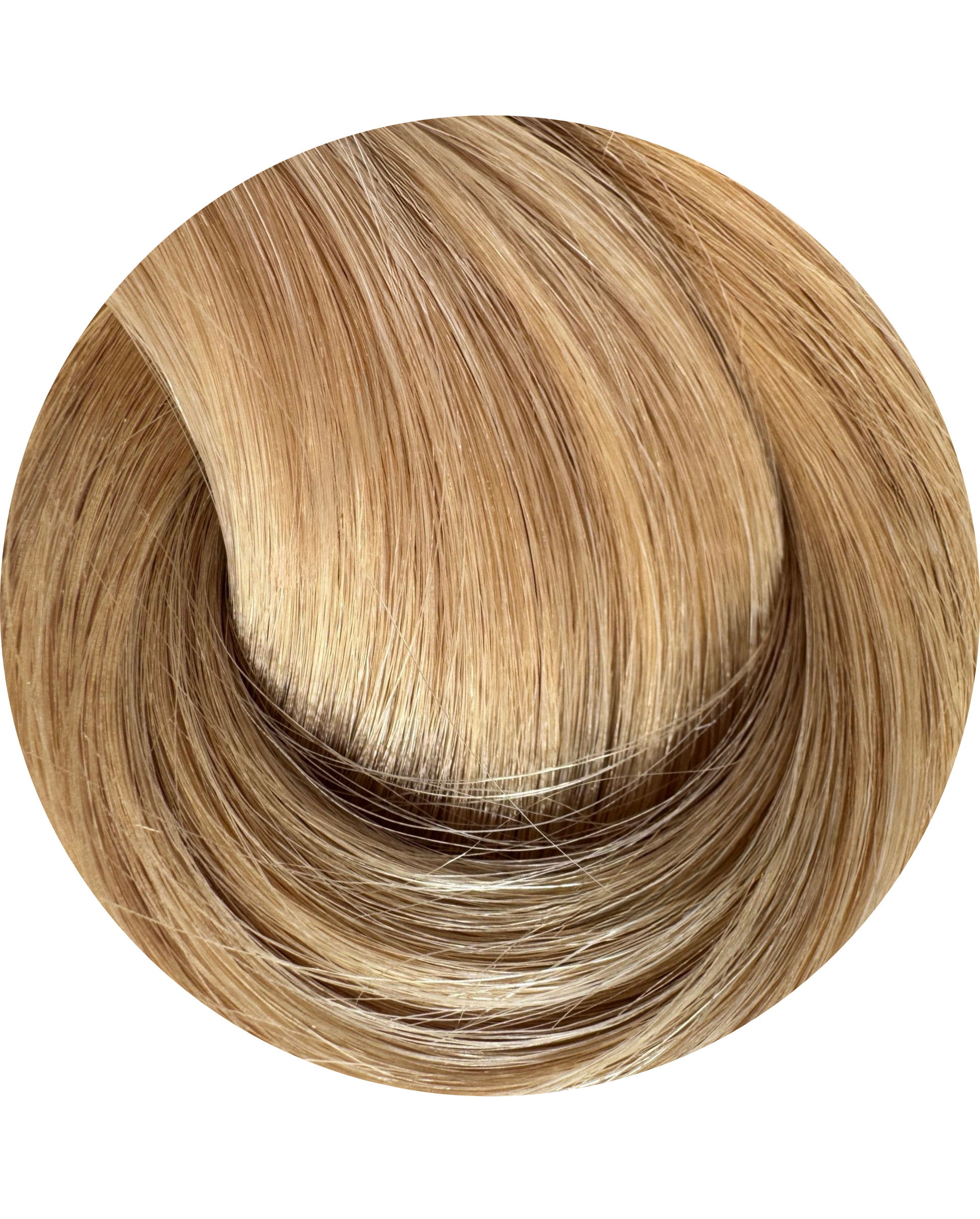 Close-up of blonde hair extension color swatch on a white background