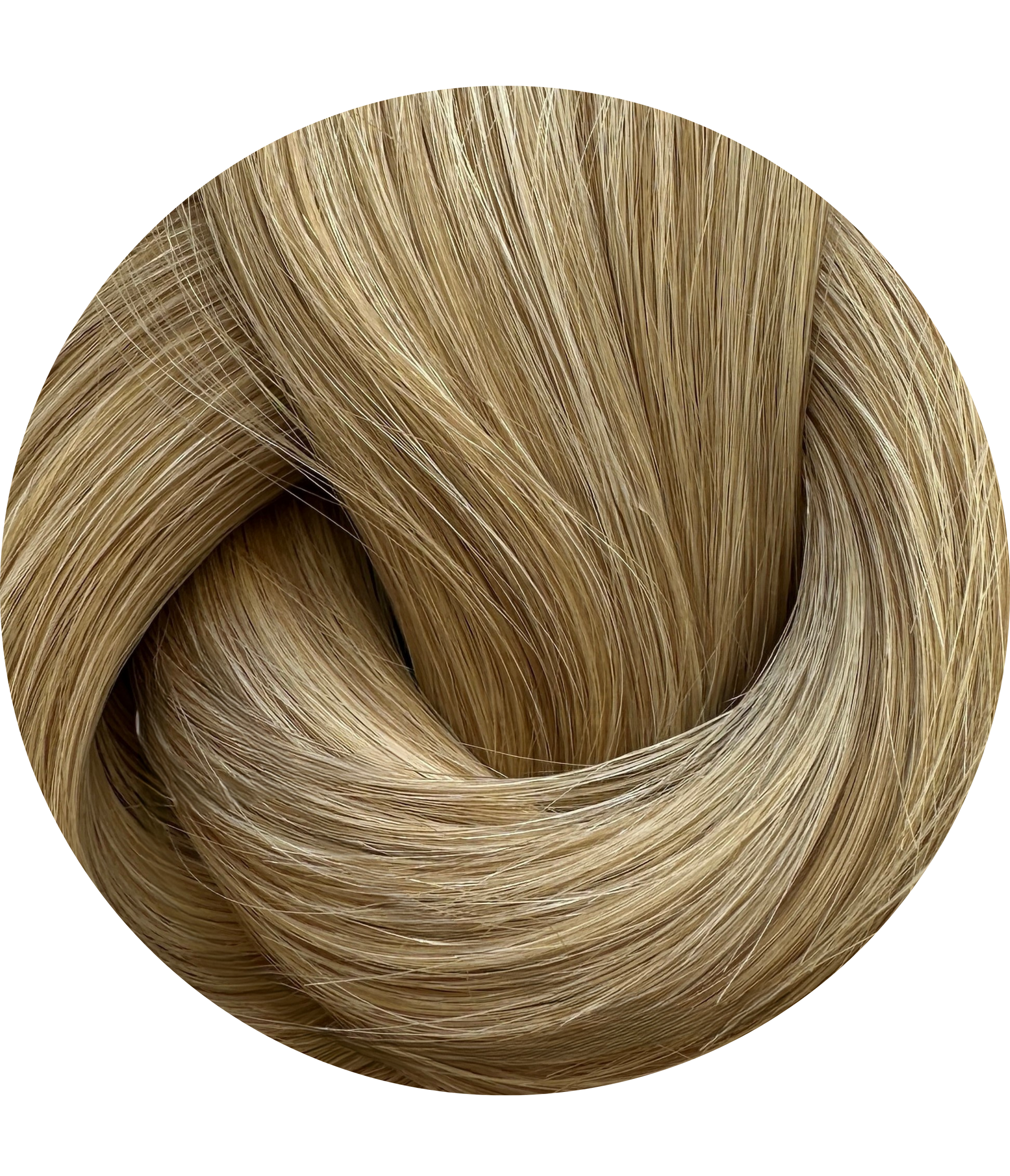 Close-up of blonde hair extension swatch on a white background