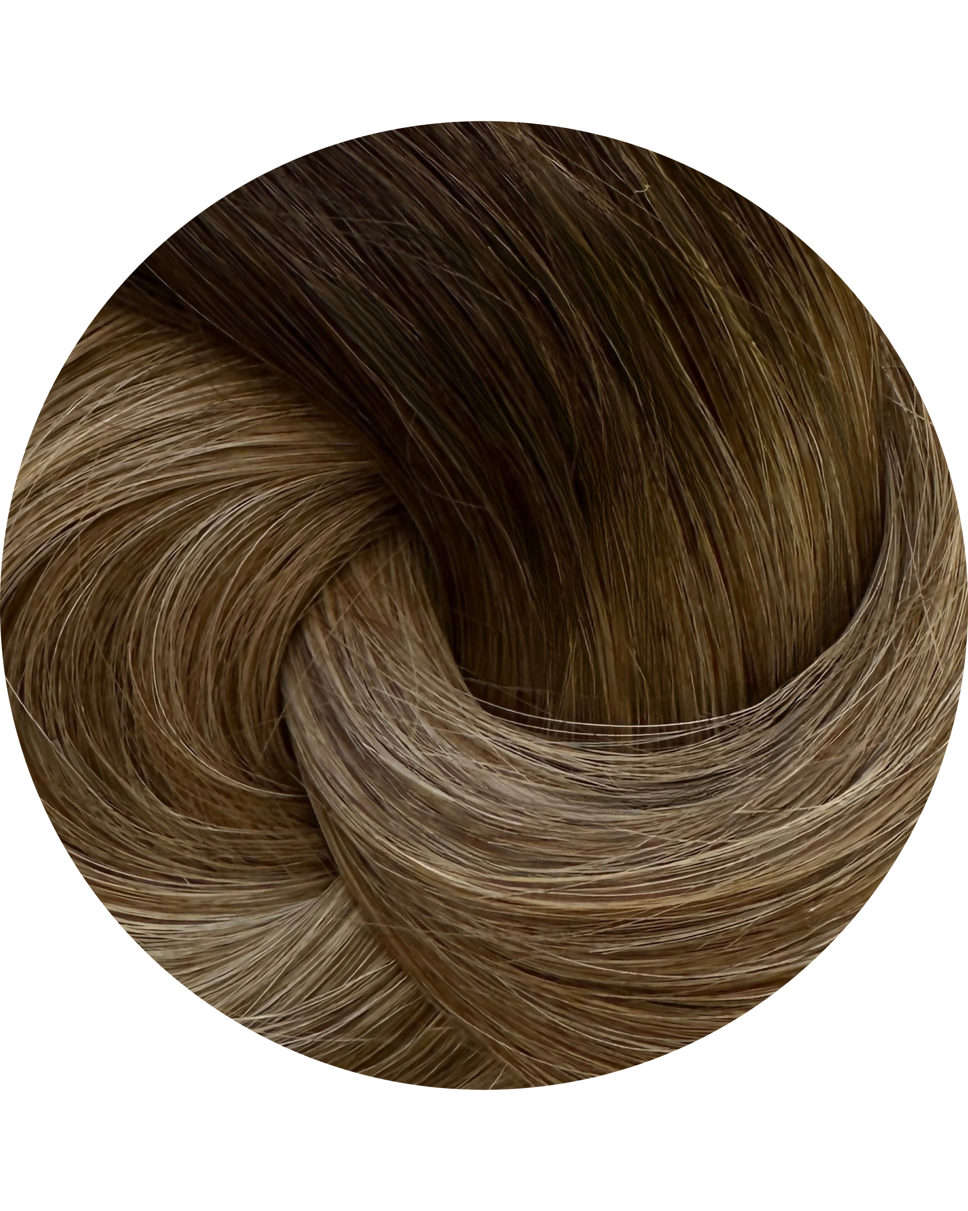 Close-up of brown hair extension swatch in a circular arrangement on a white background
