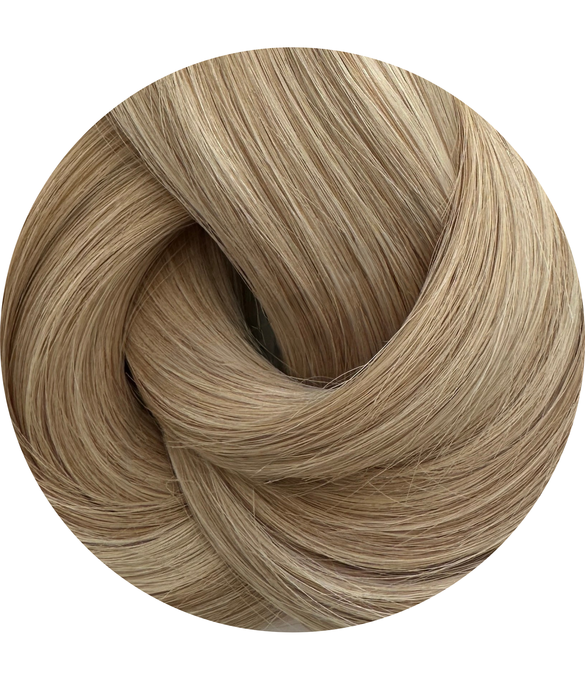 Coiled hair extension swatch with a gradient of brown and blonde colors on a white background