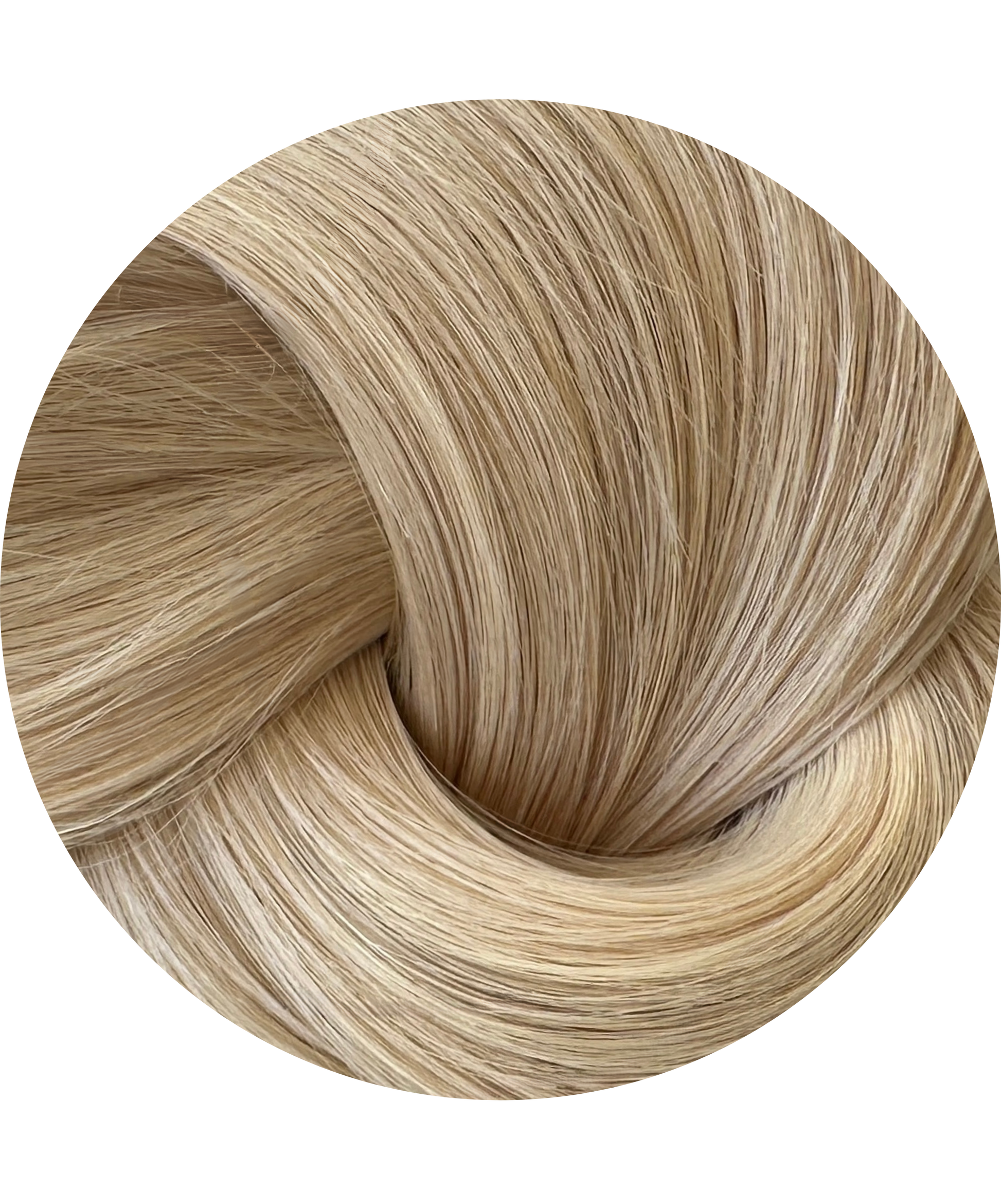 Close-up of blonde hair extensions swatch in a circular arrangement on a white background