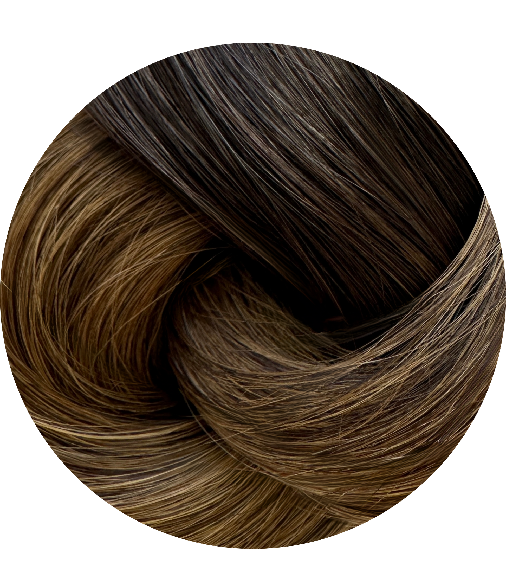 Close-up of brown hair extensions swatch on a white background