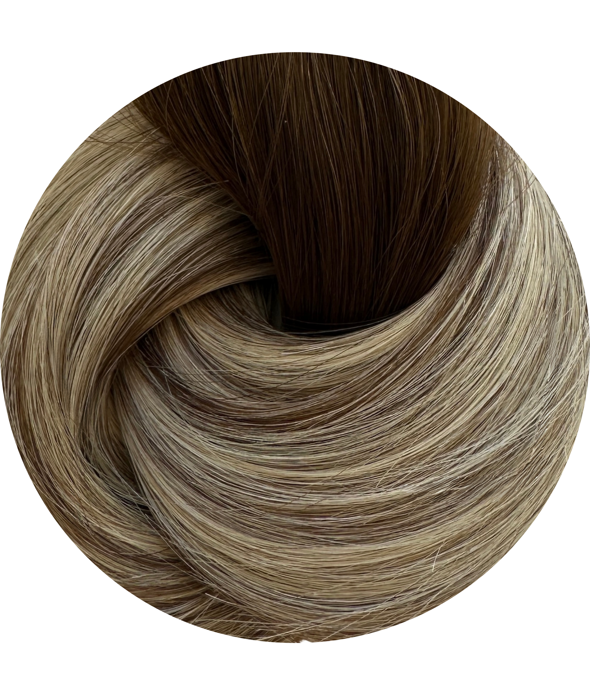 Hair extension swatch with brown and blonde gradient on a white background