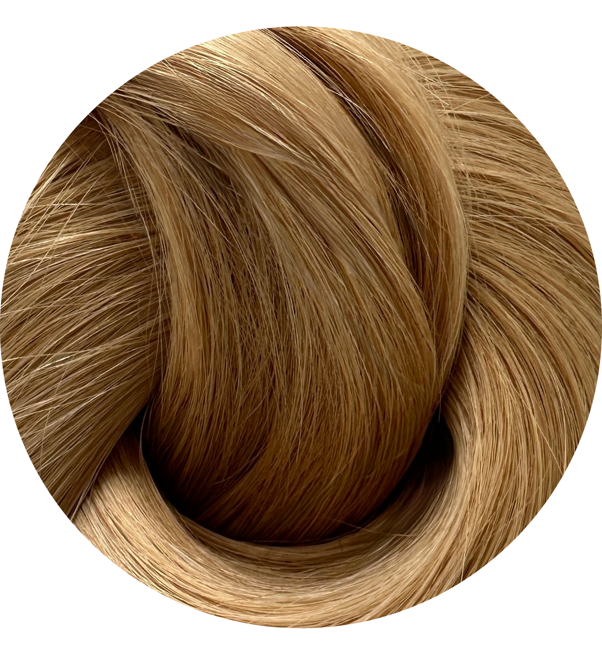 Close-up of brown hair extension swatch on a white background