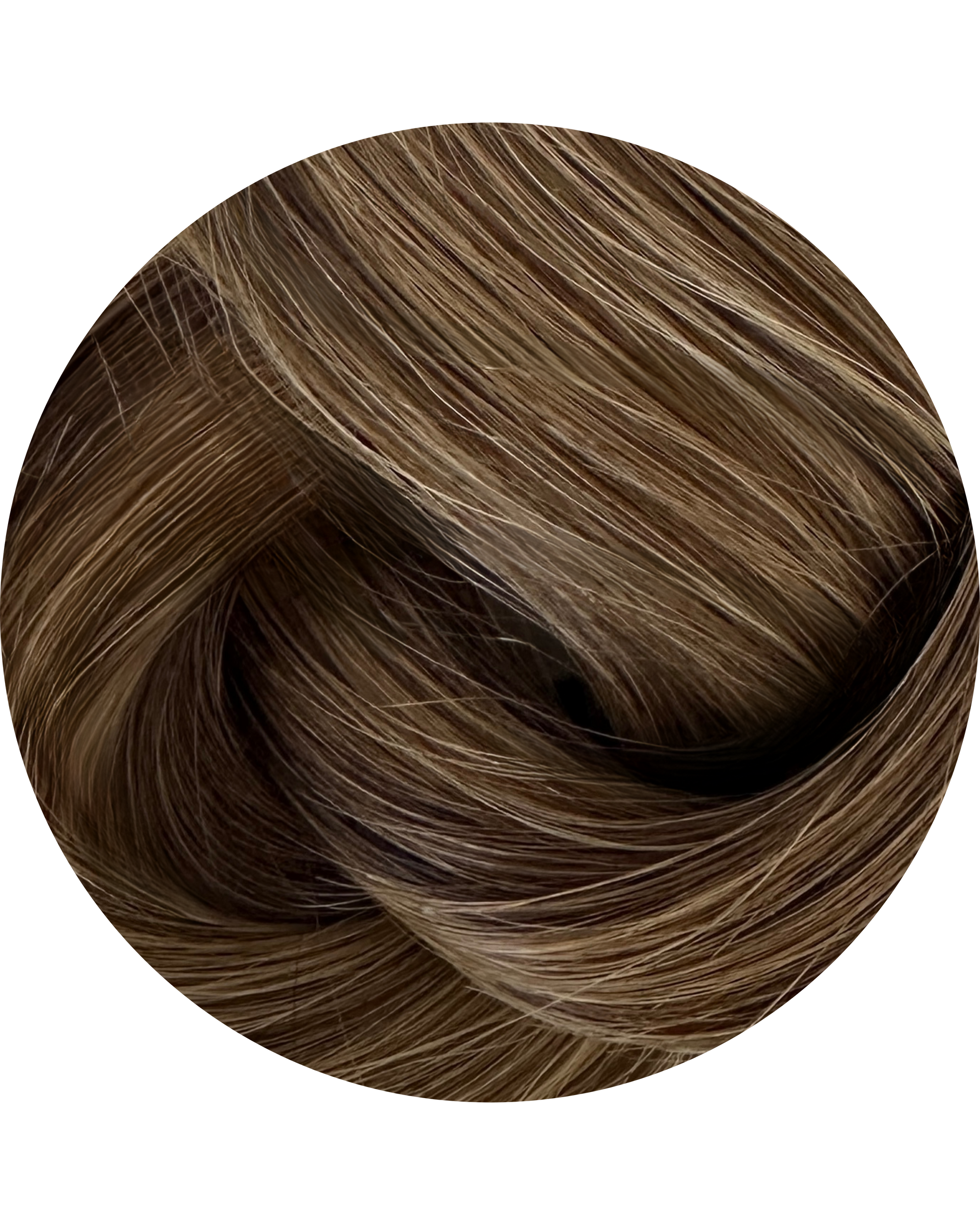 Close-up of brown hair extension swatch on a white background