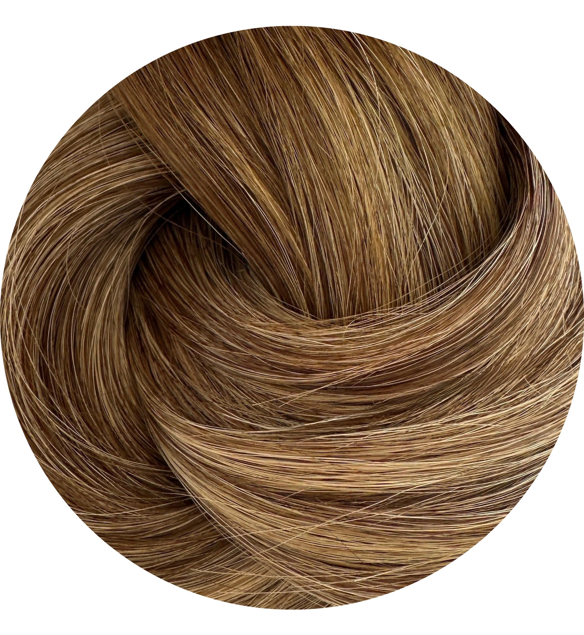 Close-up of brown hair extensions swatch on a white background