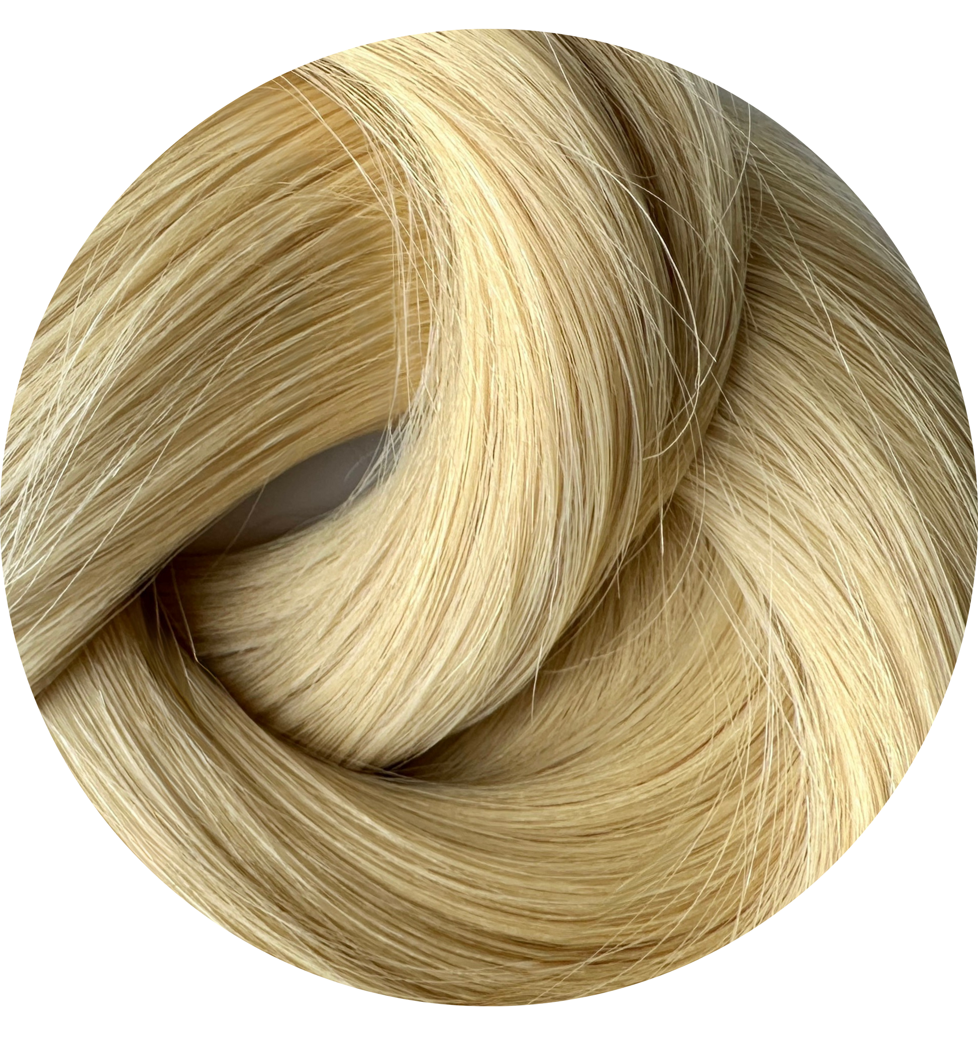 Blonde hair extensions in a circular arrangement on a white background