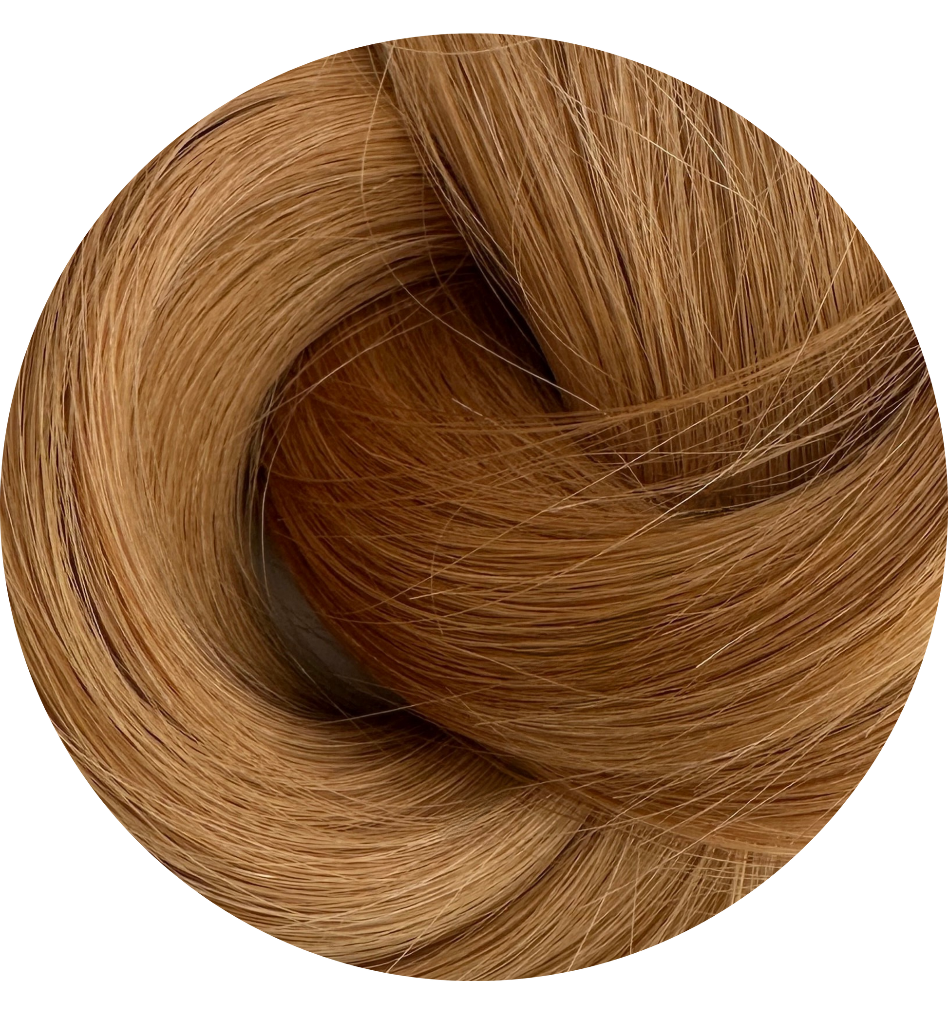 Close-up of reddish brown hair extensions swatch on a white background