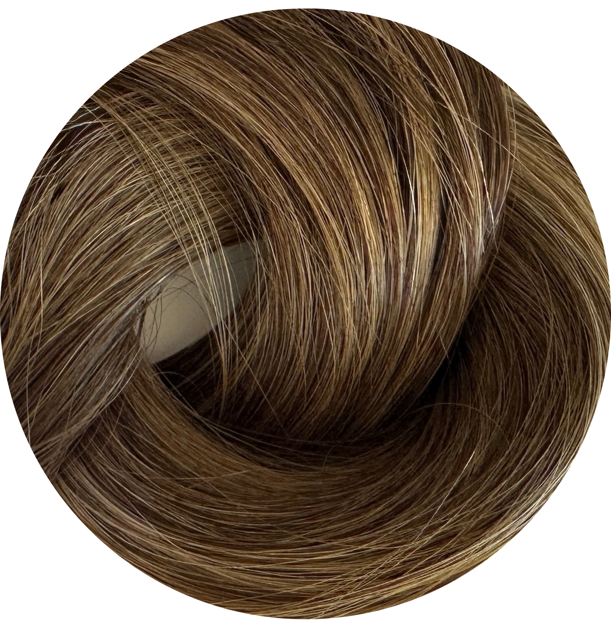 Brown hair extension in a circular shape on a white background