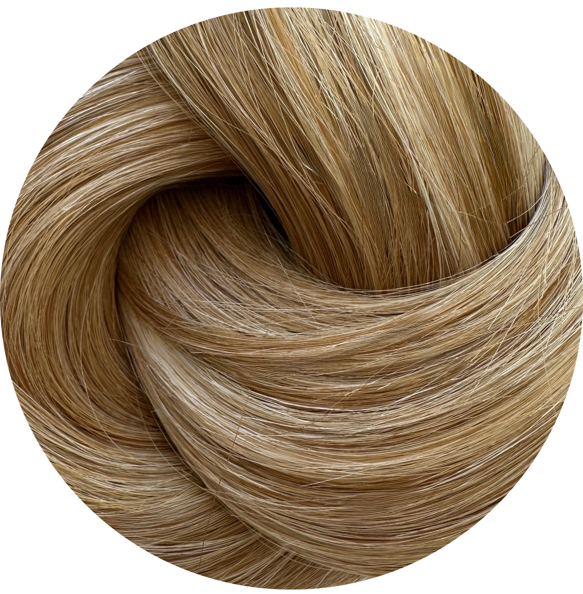 Close-up of a bundle of blonde hair extensions on a white background