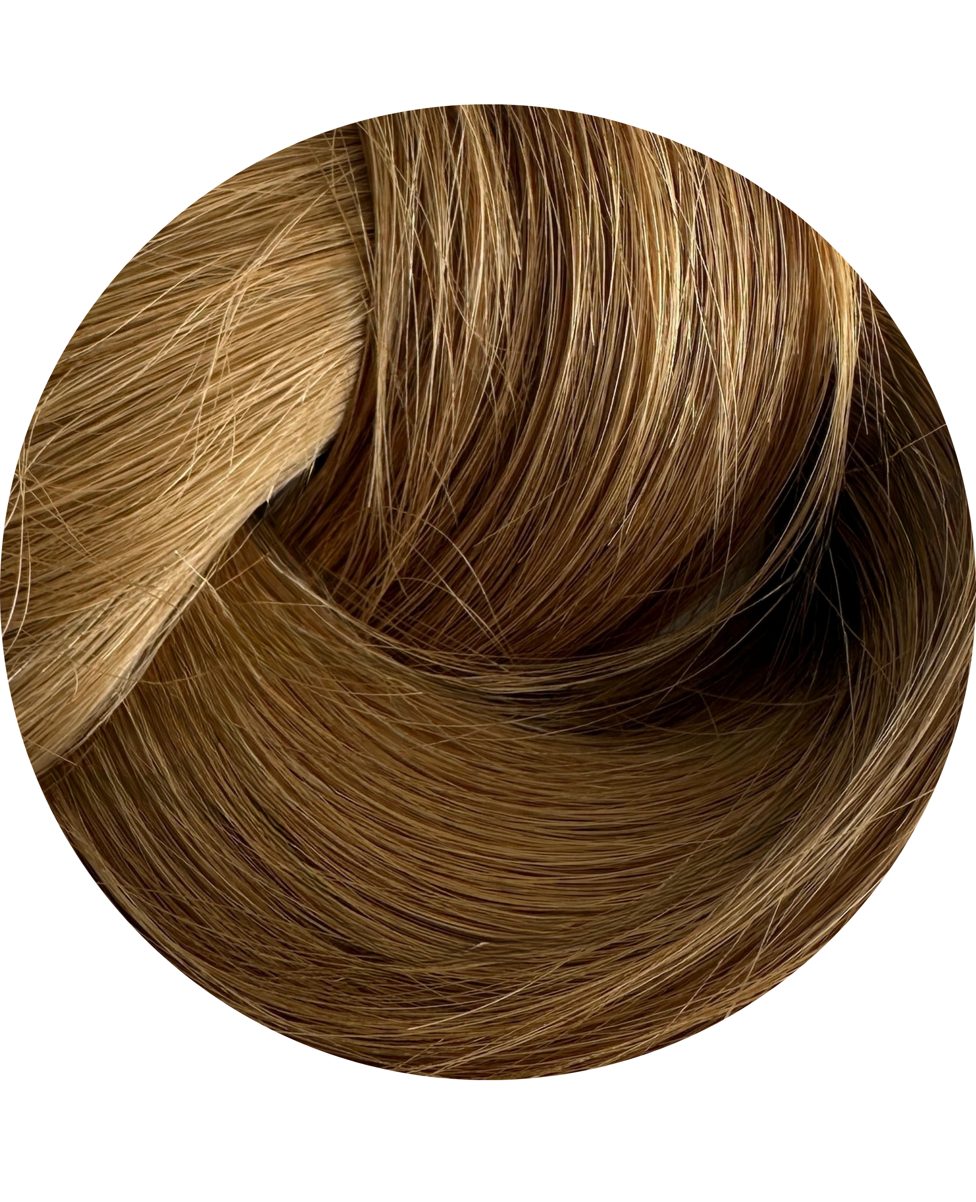 Close-up of brown hair extensions swatch with a white background