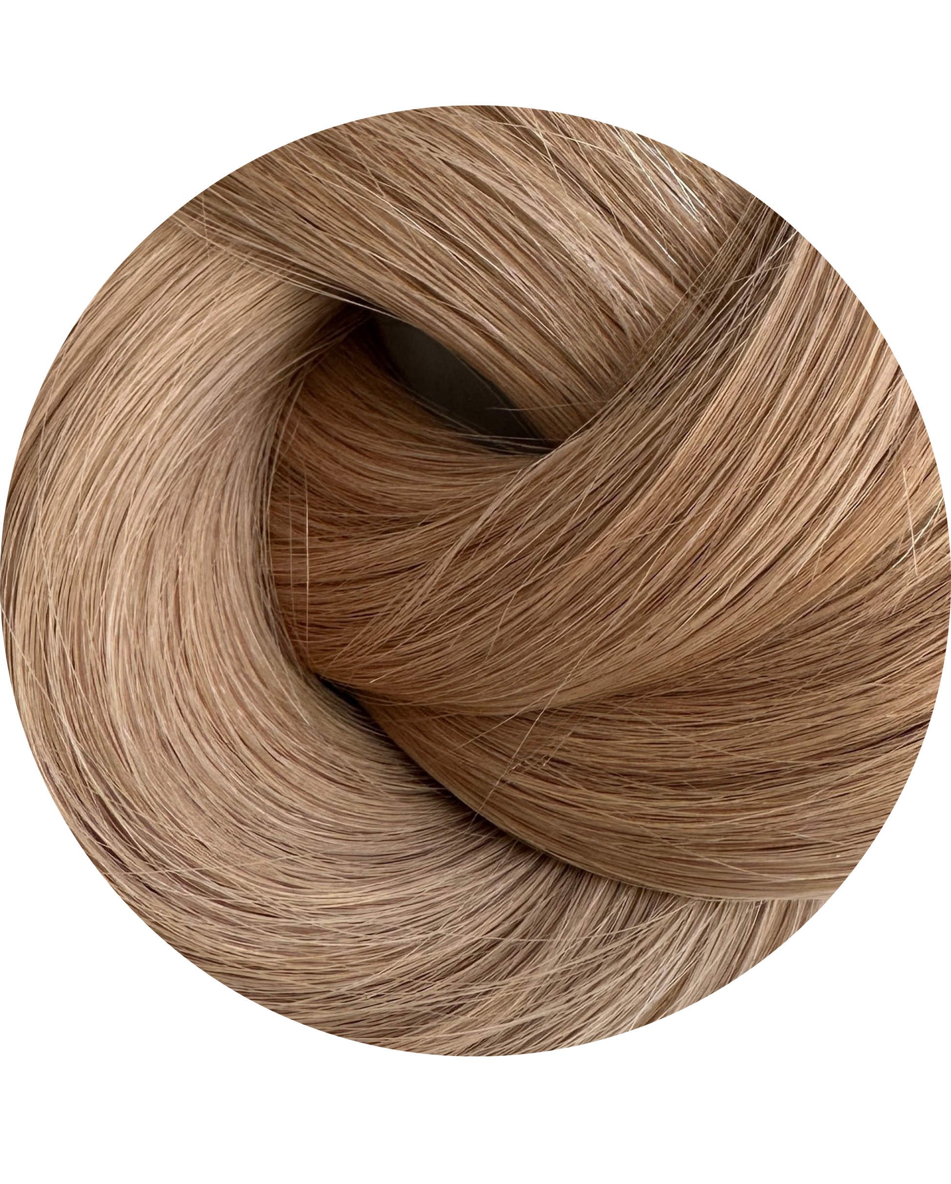 Close-up of a swatch of light brown hair color on a white background