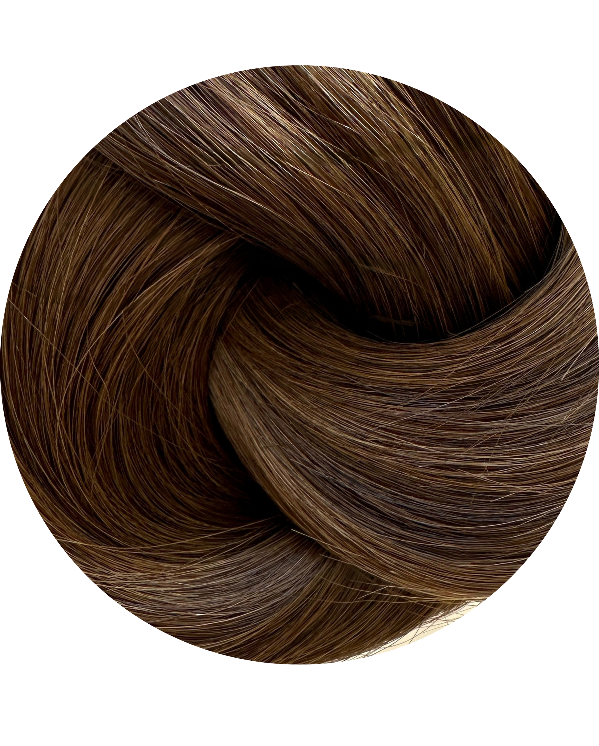 Brown hair extension swatch in a circular shape 