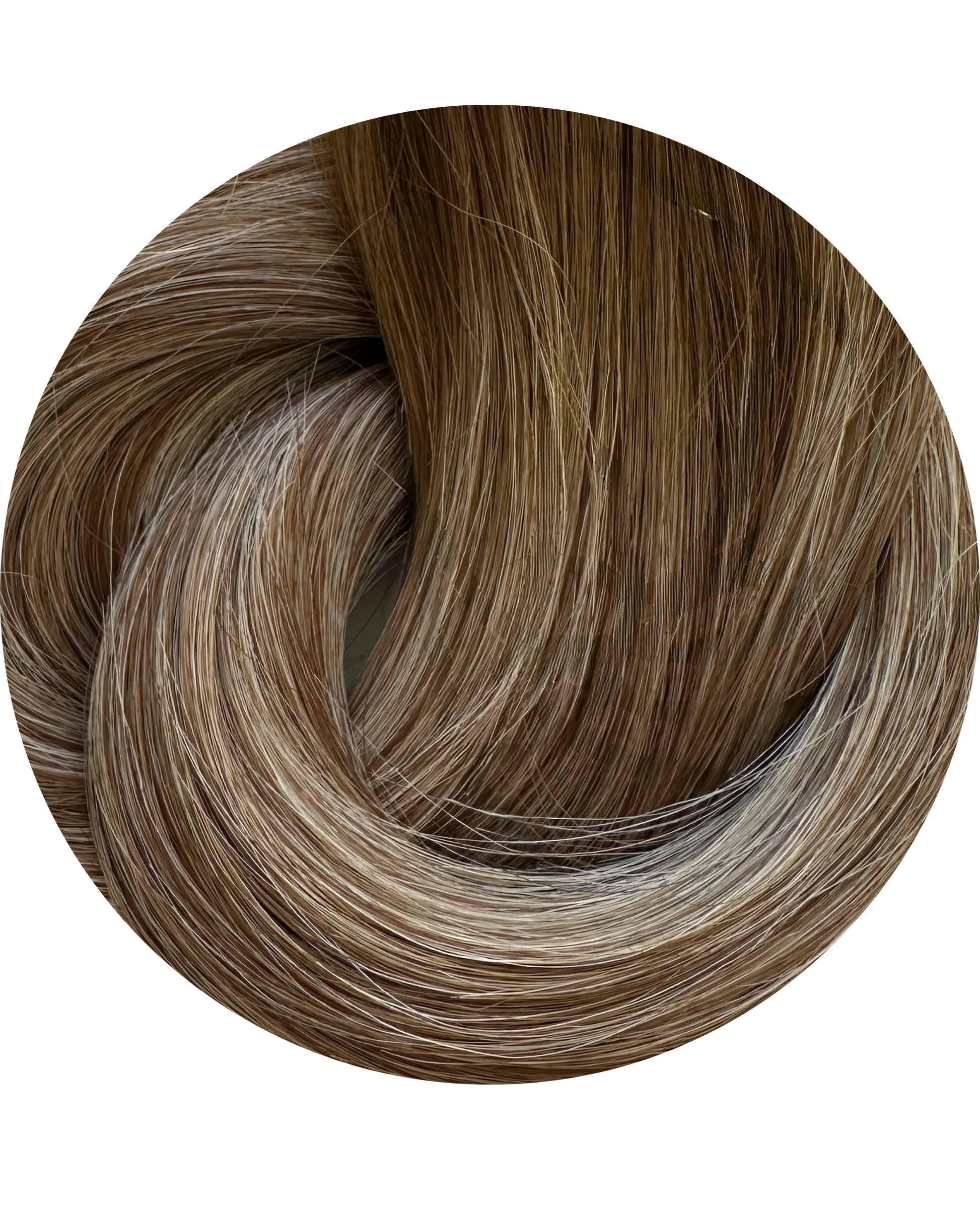Coiled hair extension swatch with brown and blonde color gradient 
