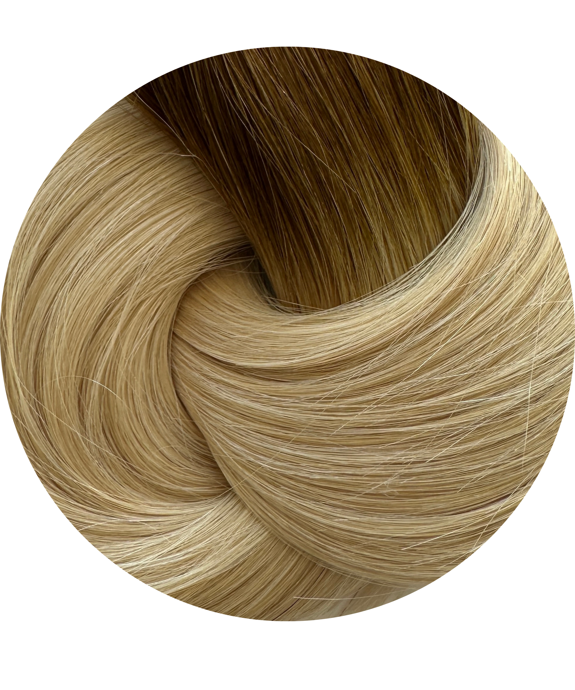 Close-up of blonde and brown hair extension swatch 